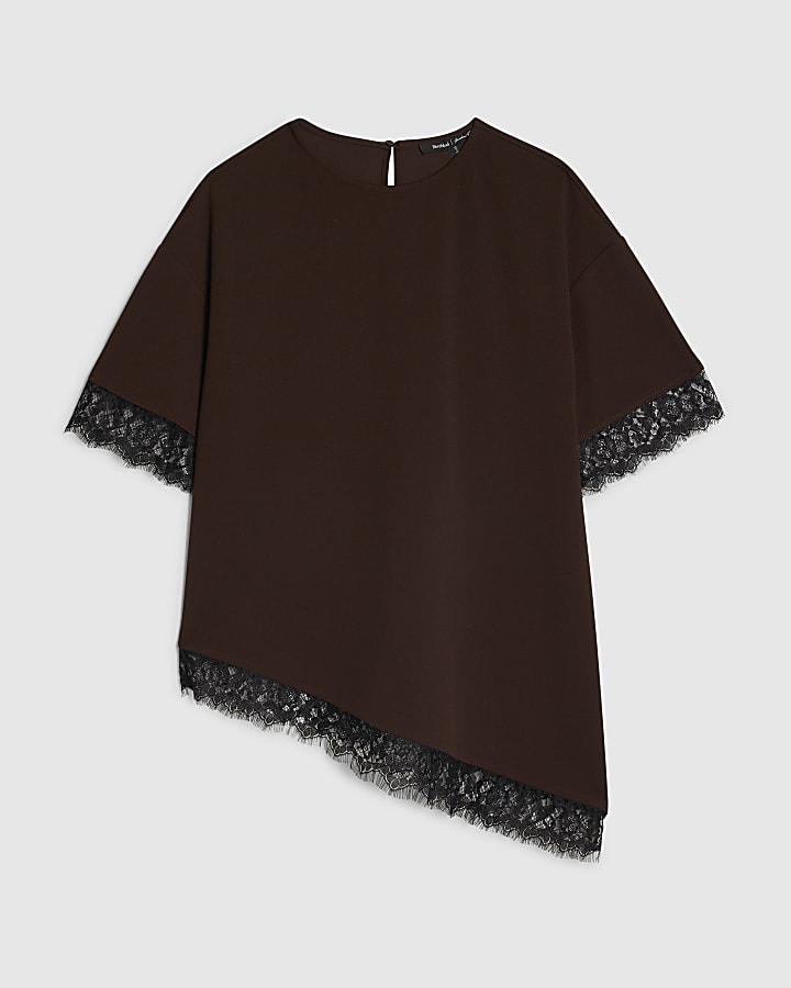 Brown Short Sleeve Lace Trim Asymmetric Top
