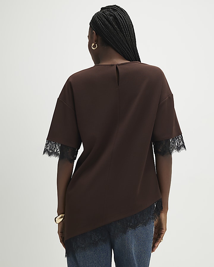 Brown Short Sleeve Lace Trim Asymmetric Top