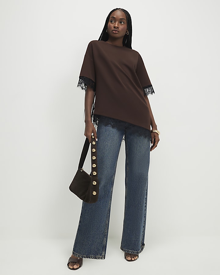 Brown Short Sleeve Lace Trim Asymmetric Top