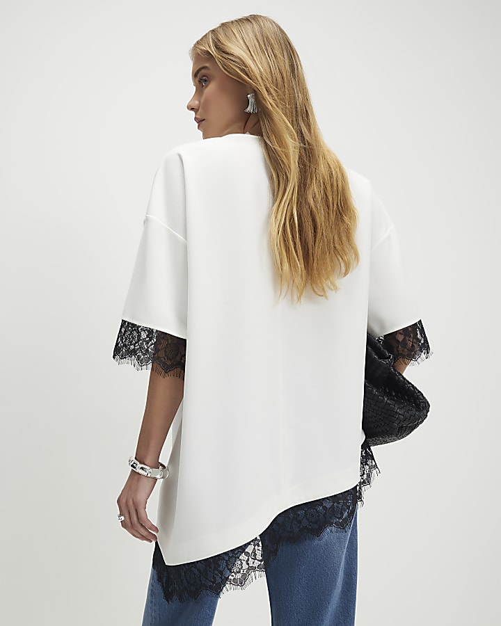 Cream Short Sleeve Lace Trim Asymmetric Top