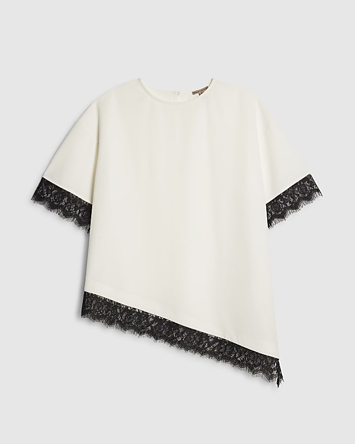 Cream Short Sleeve Lace Trim Asymmetric Top