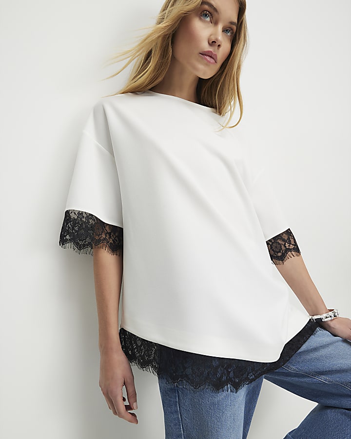 Cream Short Sleeve Lace Trim Asymmetric Top