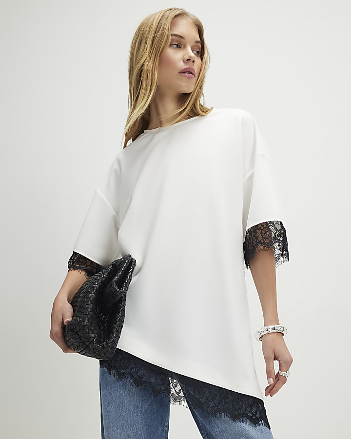 Cream Short Sleeve Lace Trim Asymmetric Top