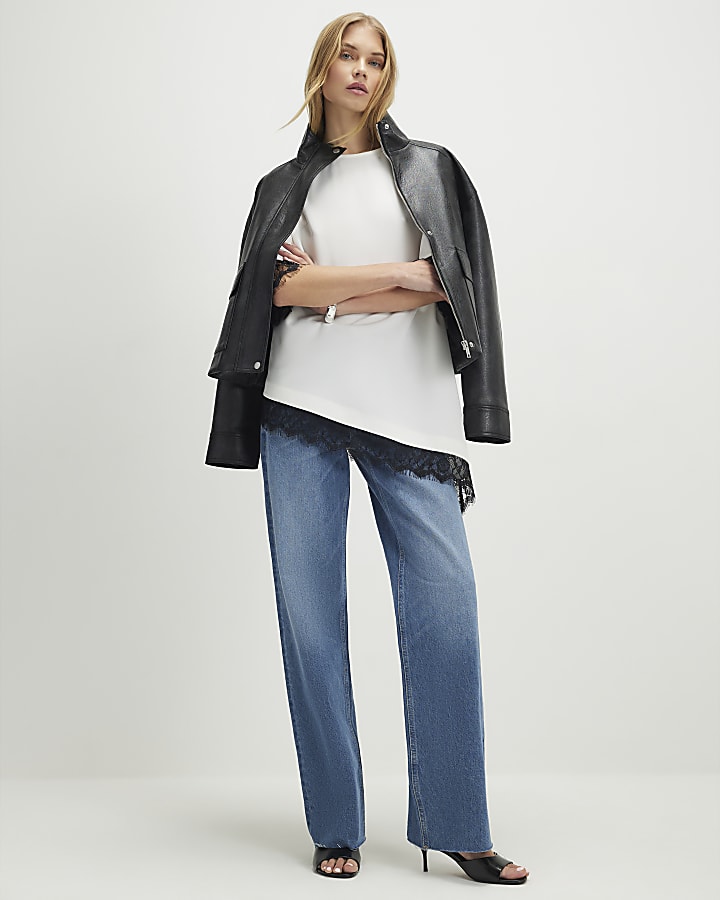 Cream Short Sleeve Lace Trim Asymmetric Top