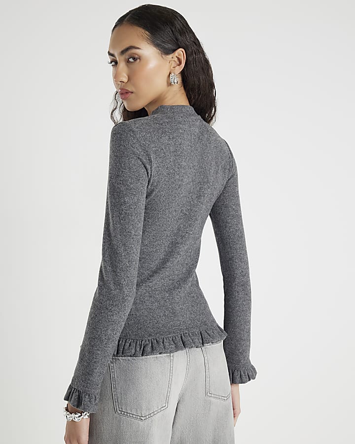 Grey Long Sleeve Frilled Cosy Cardigan