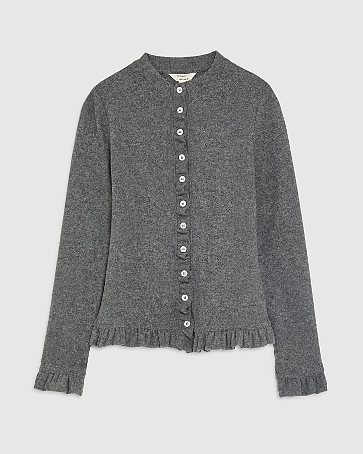 Grey Long Sleeve Frilled Cosy Cardigan