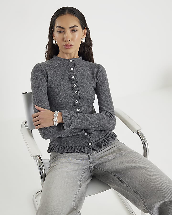Grey Long Sleeve Frilled Cosy Cardigan