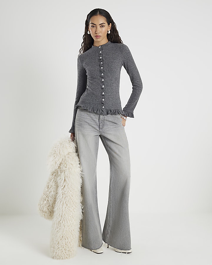 Grey Long Sleeve Frilled Cosy Cardigan