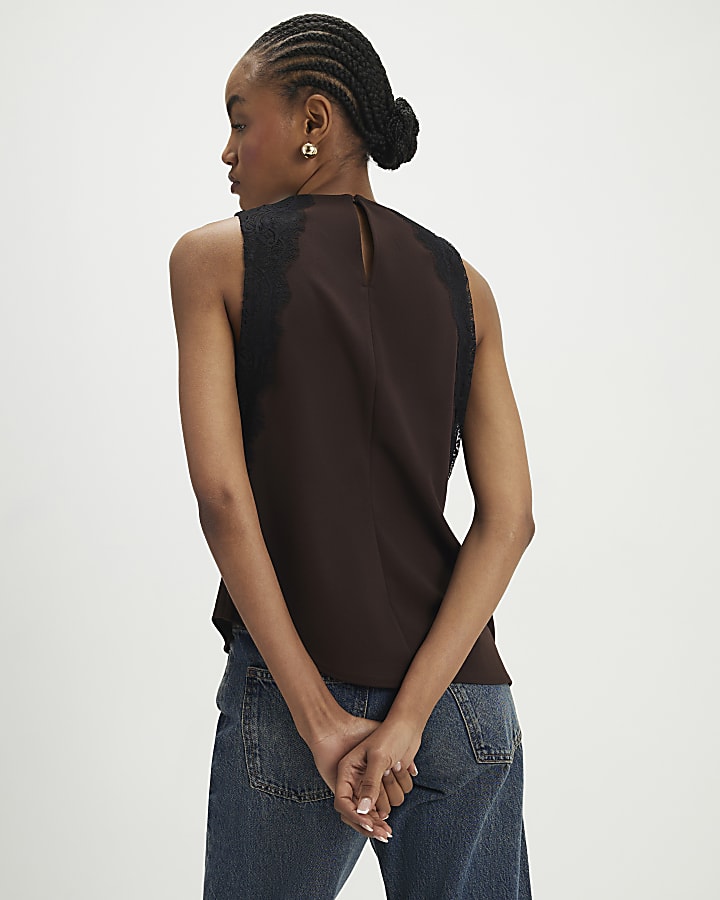 Brown Sleeveless Lace Trim Top