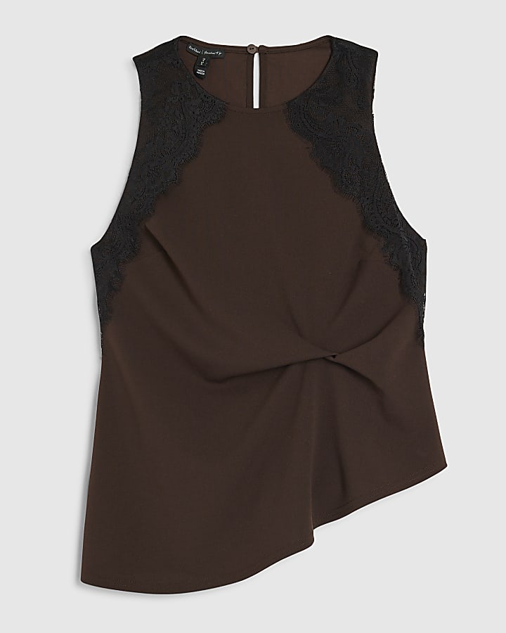 Brown Sleeveless Lace Trim Top