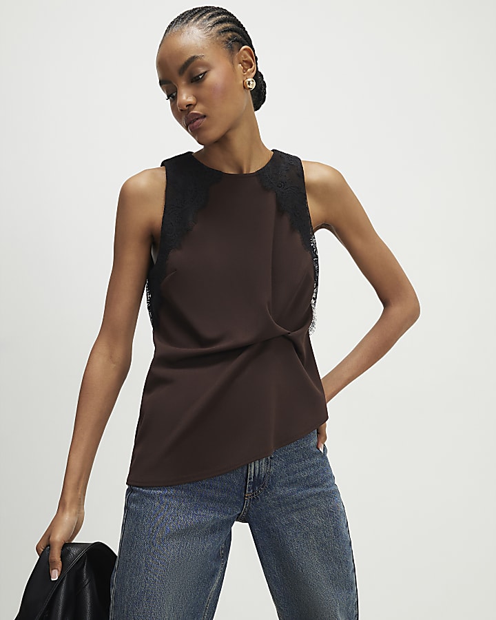 Brown Sleeveless Lace Trim Top
