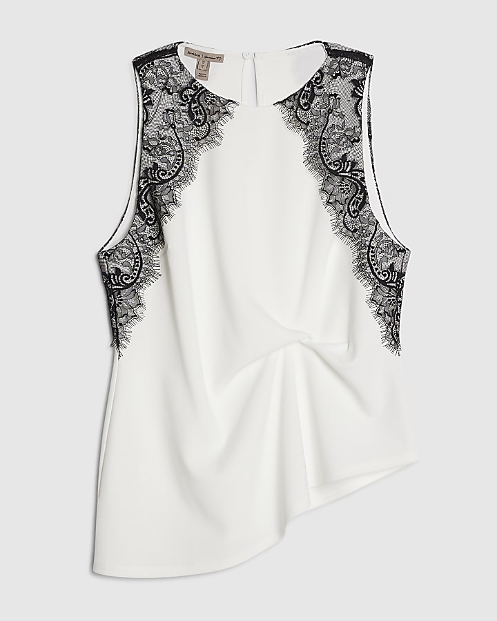 Cream Sleeveless Lace Trim Top