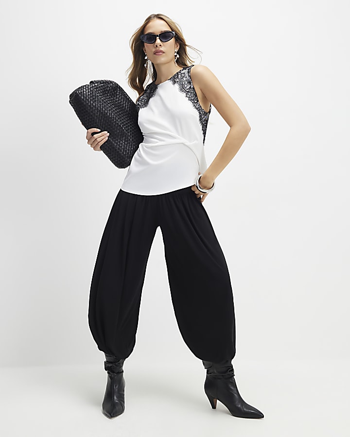 Cream Sleeveless Lace Trim Top