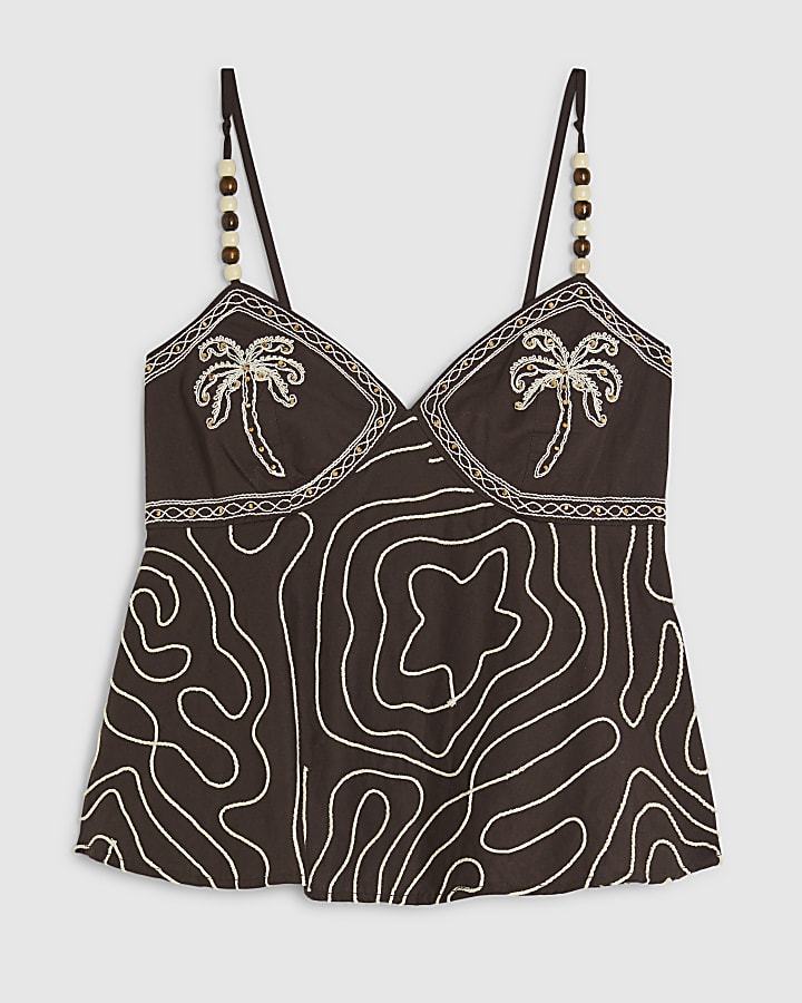 Brown Embroidered Cami Top