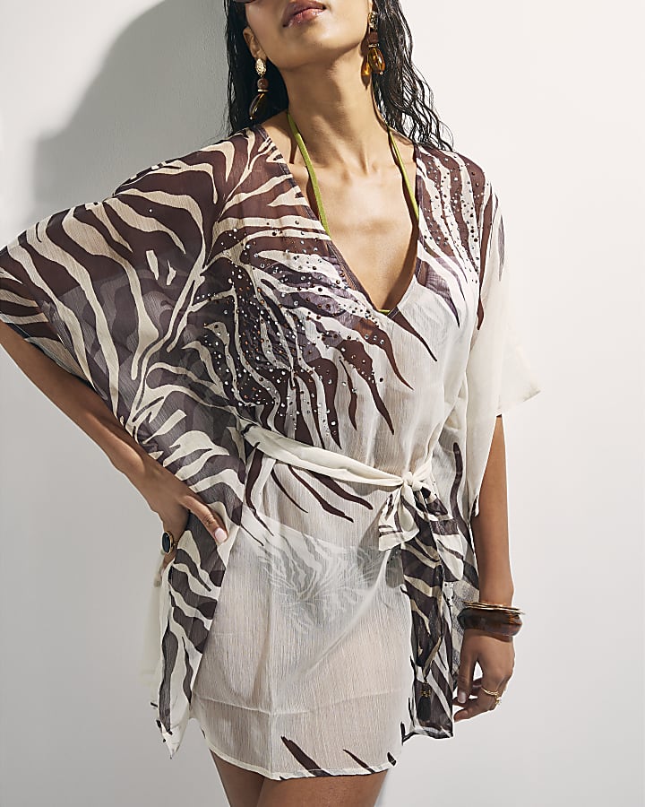 Cream Animal Print Mini Kaftan