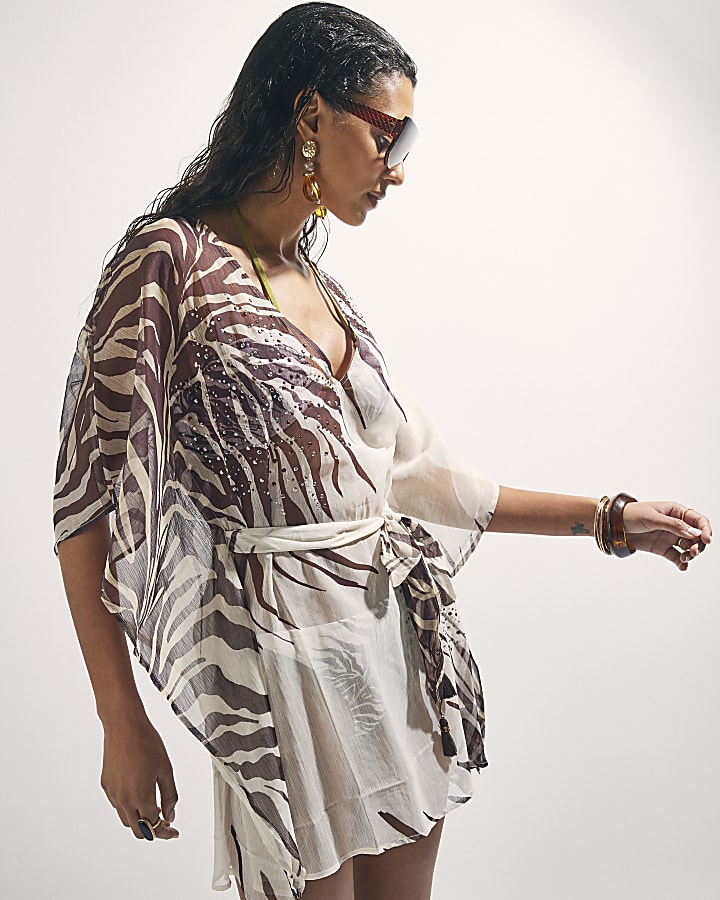 Cream Animal Print Mini Kaftan