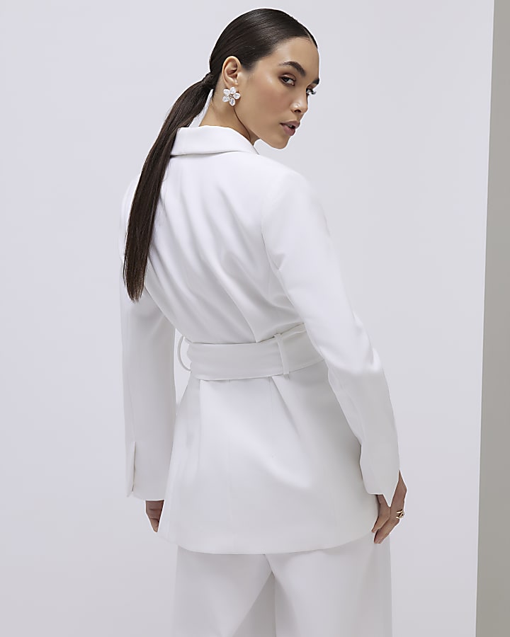 White Shawl Collar Tie Waist Blazer