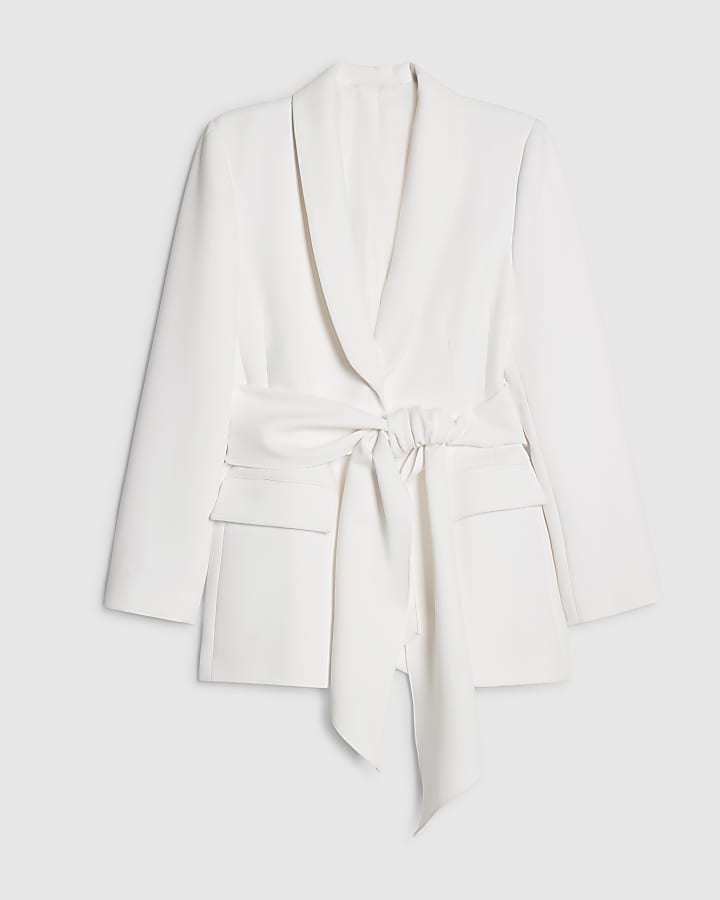 White Shawl Collar Tie Waist Blazer