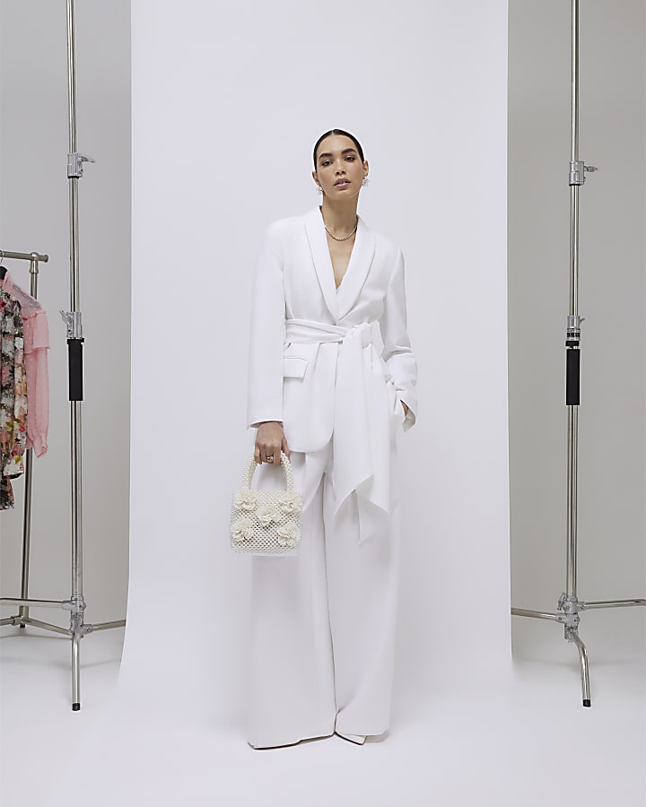White Shawl Collar Tie Waist Blazer