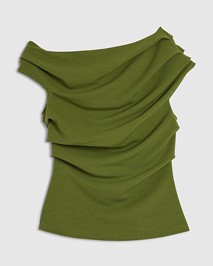 Khaki Short Sleeve Drape Off Shoulder Top