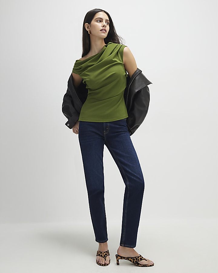 Khaki Short Sleeve Drape Off Shoulder Top