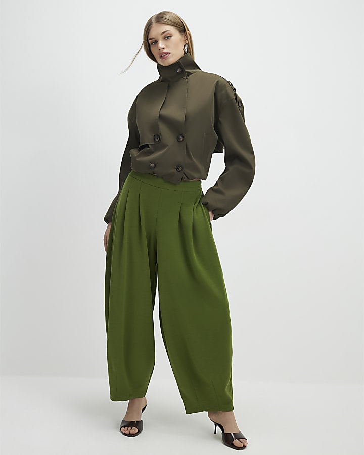 Khaki Balloon Leg Pleated Trousers
