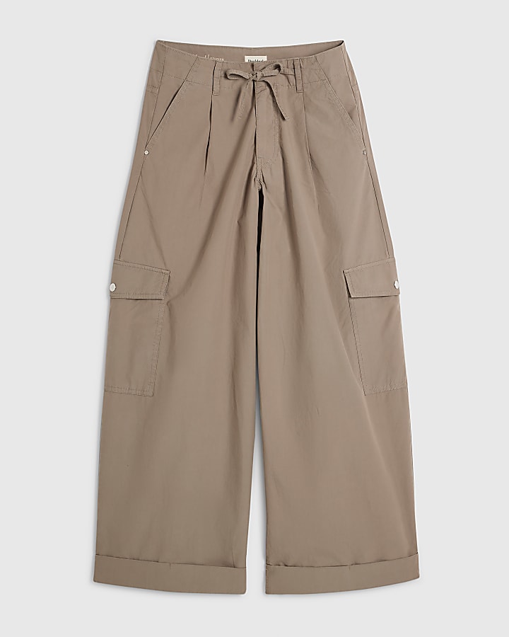 Beige Wide Leg Cargo Trousers