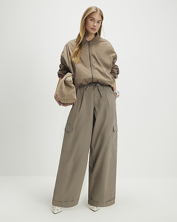 Beige Wide Leg Cargo Trousers