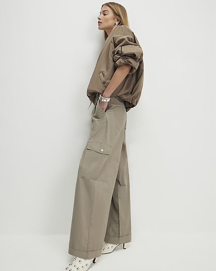 Beige Wide Leg Cargo Trousers