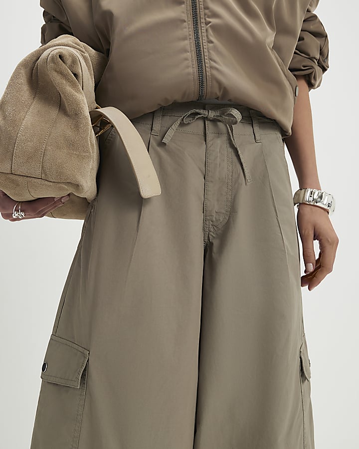 Beige Wide Leg Cargo Trousers