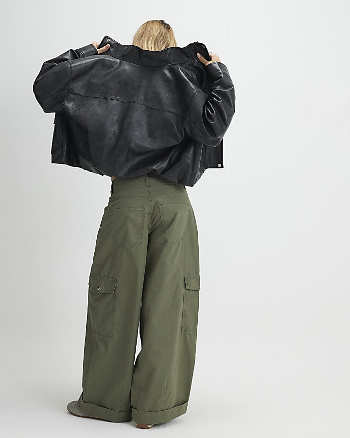 Khaki Wide Leg Cargo Trousers