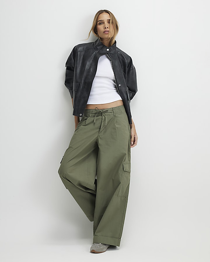 Khaki Wide Leg Cargo Trousers