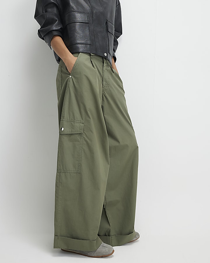Khaki Wide Leg Cargo Trousers