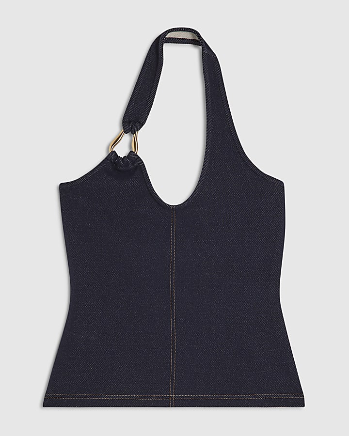 Blue Metal Ring Halter Neck Denim Top