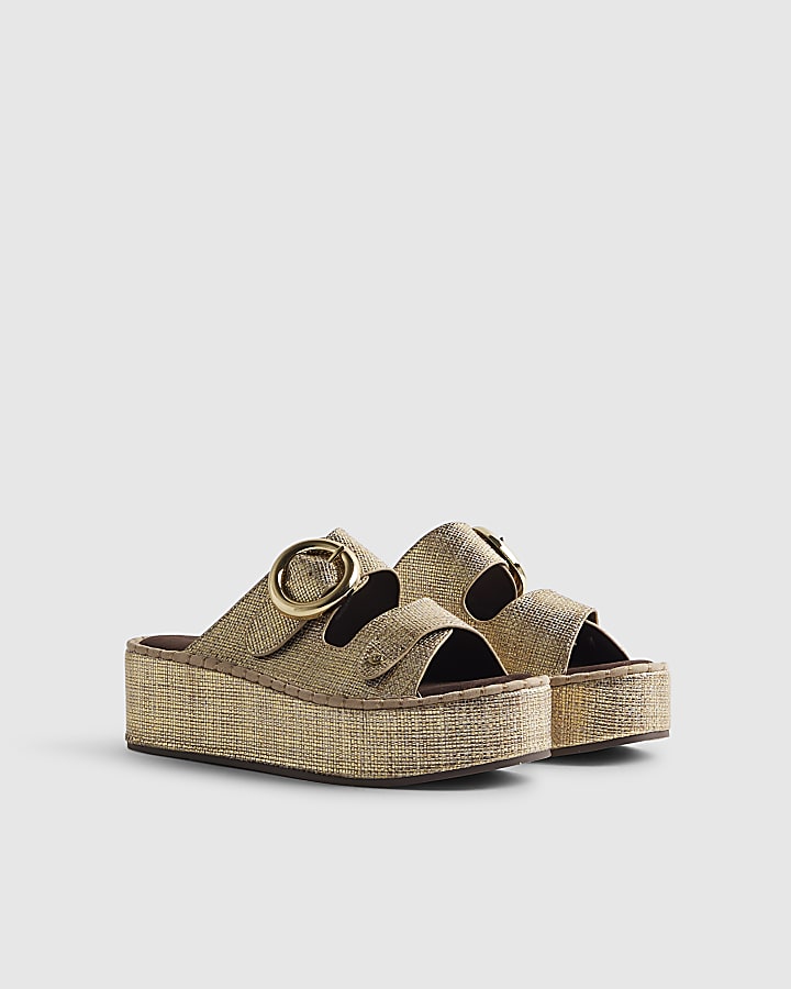 Gold Ring Buckle Wedge Sandals