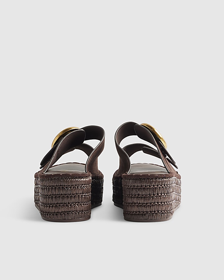 Brown Ring Buckle Strap Wedge Sandals