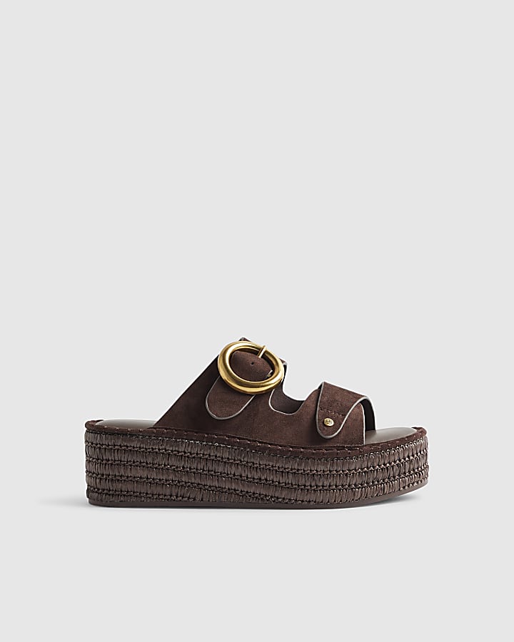 Brown Ring Buckle Strap Wedge Sandals