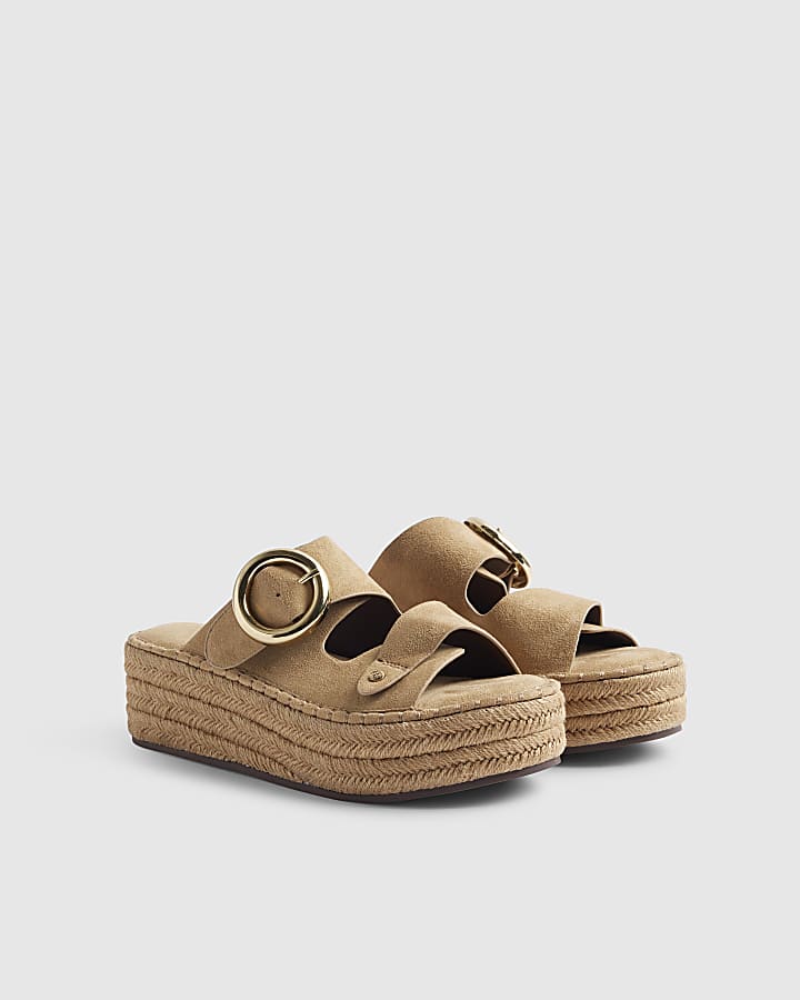 Beige Ring Buckle Strap Wedge Sandals