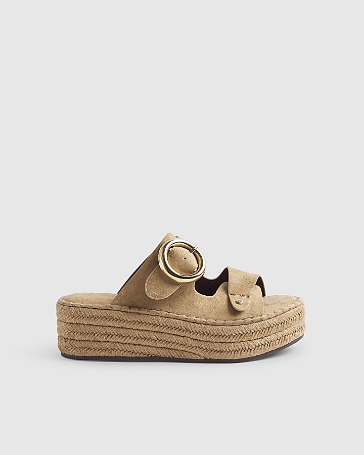 Beige Ring Buckle Strap Wedge Sandals