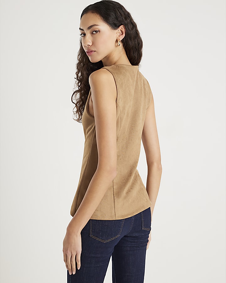 Brown Faux Suede Sleeveless Waistcoat