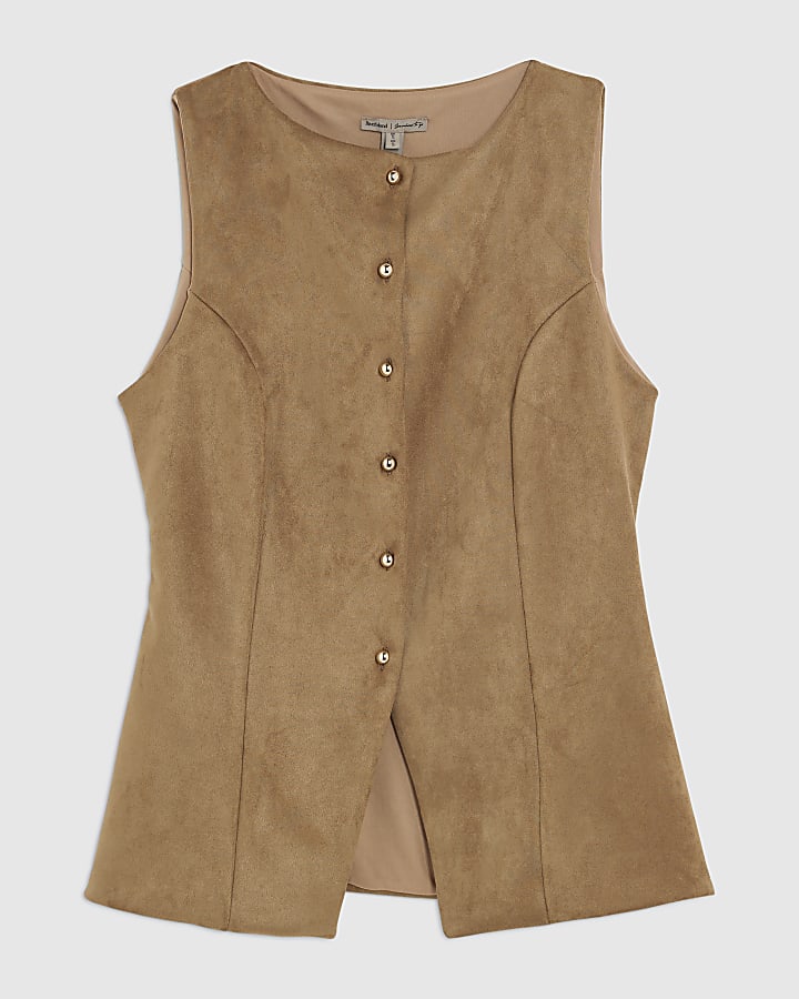 Brown Faux Suede Sleeveless Waistcoat