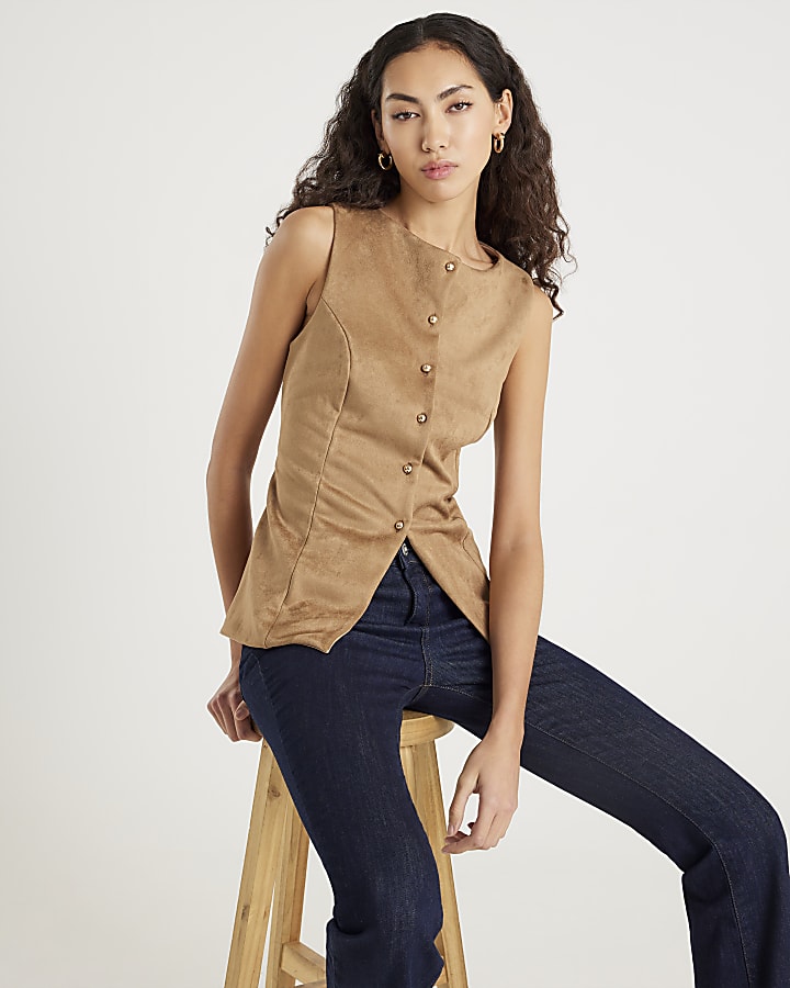Brown Faux Suede Sleeveless Waistcoat