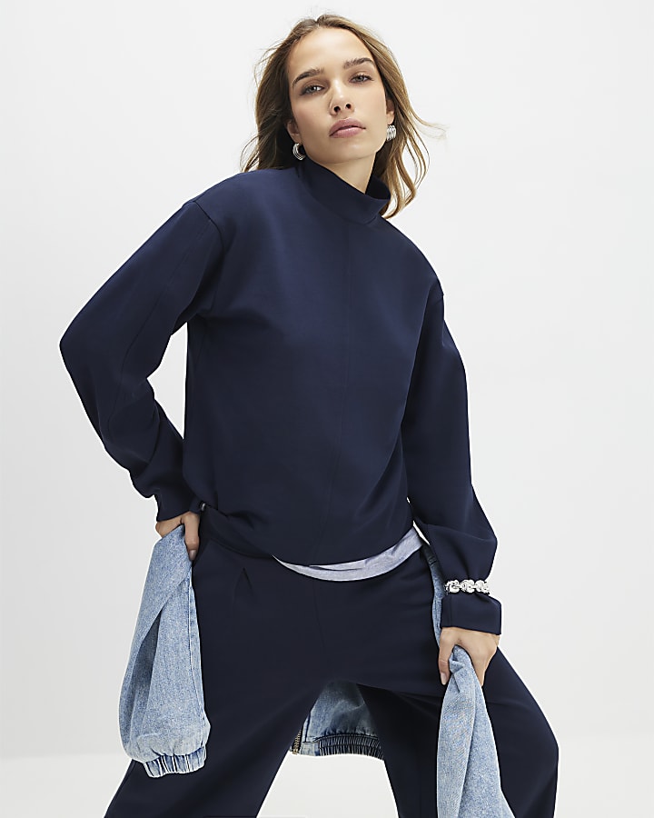 Navy Long Sleeve Funnel Neck Top