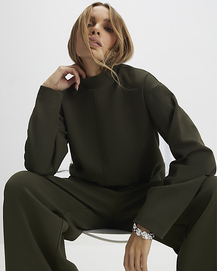 Khaki Funnel Neck Top