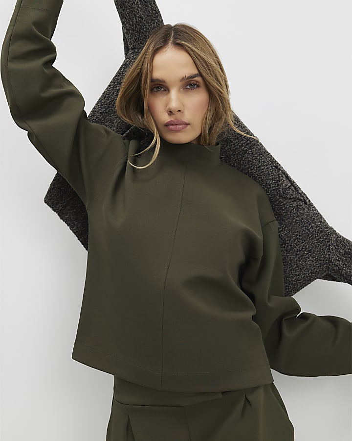 Khaki Funnel Neck Top