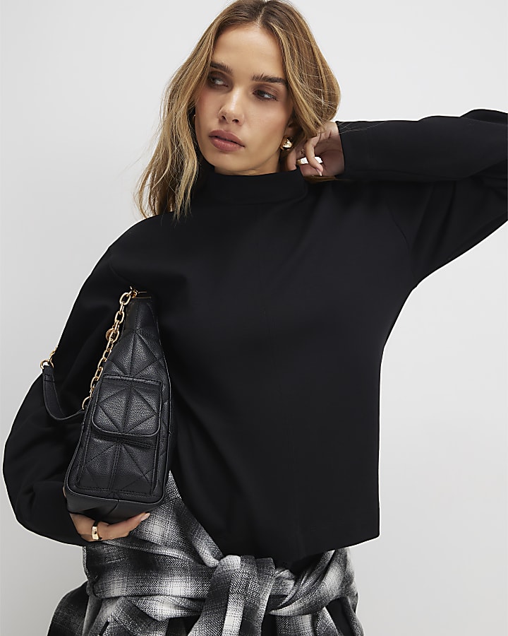 Black Long Sleeve Funnel Neck Top