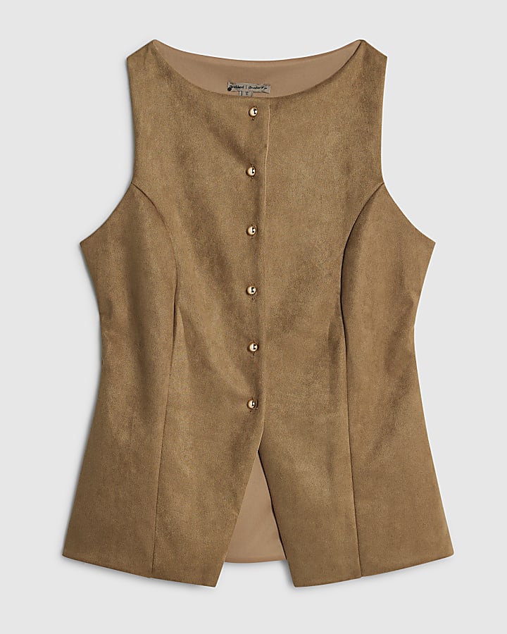 Petite Brown Faux Suede Sleeveless Waistcoat