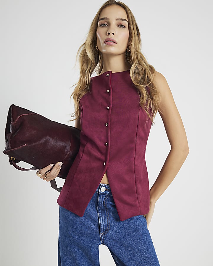 Red Faux Suede Sleeveless Waistcoat