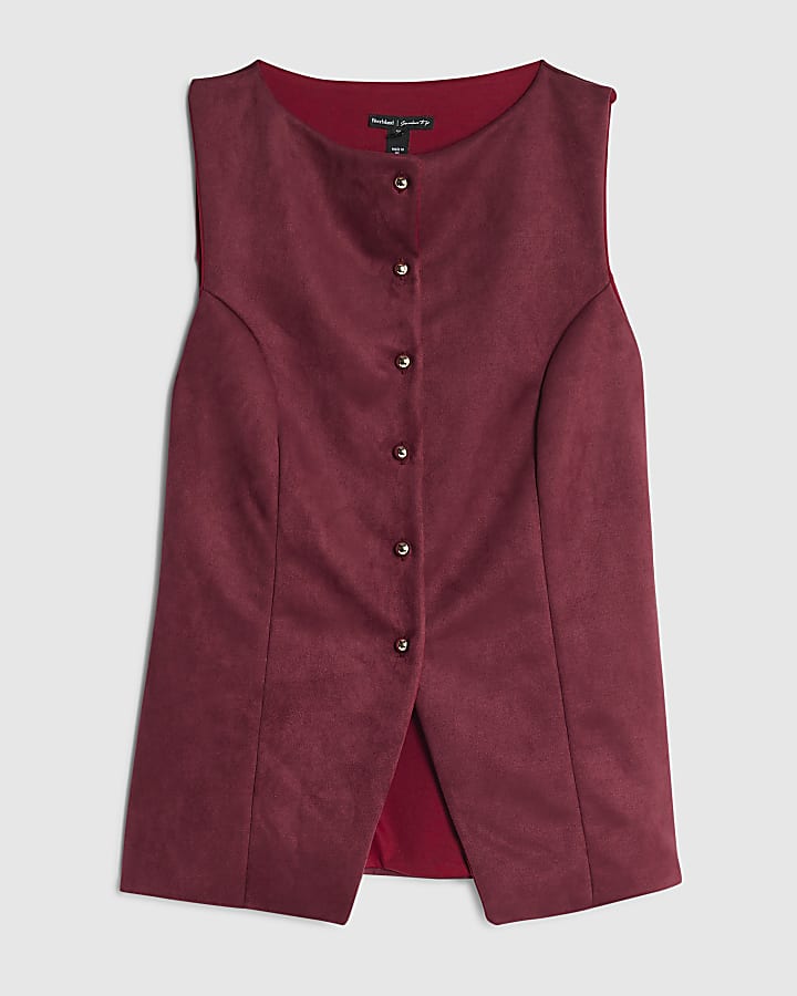 Red Faux Suede Sleeveless Waistcoat
