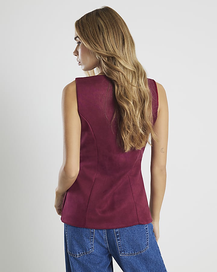 Red Faux Suede Sleeveless Waistcoat